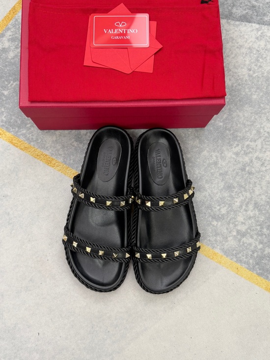Valentino Garavani Shoes - Valentino Garavani Black Leather Slide Sandals with Gold Studs